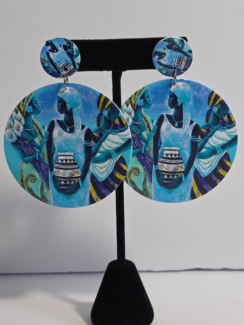 Blue Art Print Round Statement Earrings Wearable Art